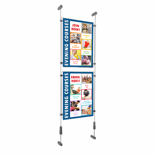 PW6: Wire-fix wall poster displays - columns of acrylic holders on wall-suspended wires