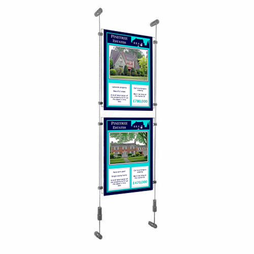 PW6: Wire-fix wall poster displays - columns of acrylic holders on wall-suspended wires