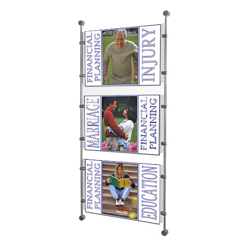 PW6: Wire-fix wall poster displays - columns of acrylic holders on wall-suspended wires