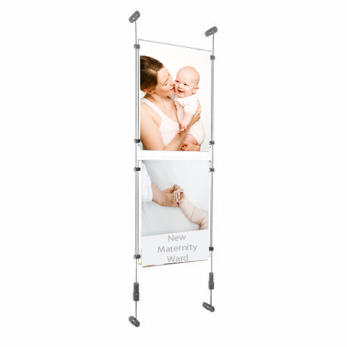 PW6: Wire-fix wall poster displays - columns of acrylic holders on wall-suspended wires