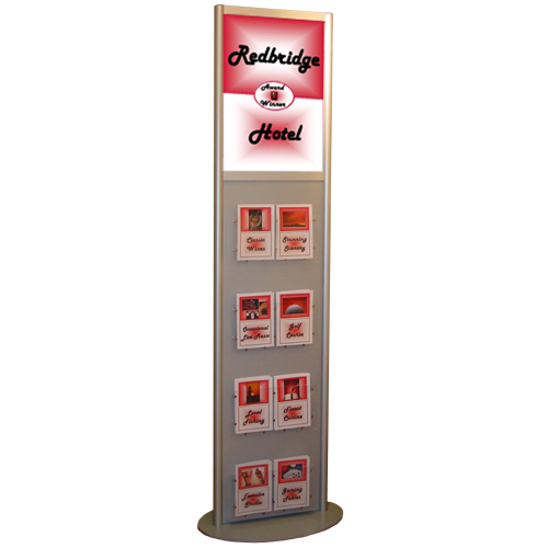 LF8: Free standing display with leaflet dispensers below A2P poster holders