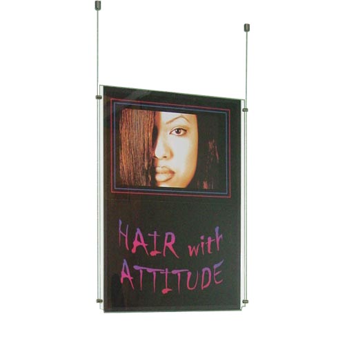 PS1A: Acrylic poster holders suspended from the ceiling using wires or bars
