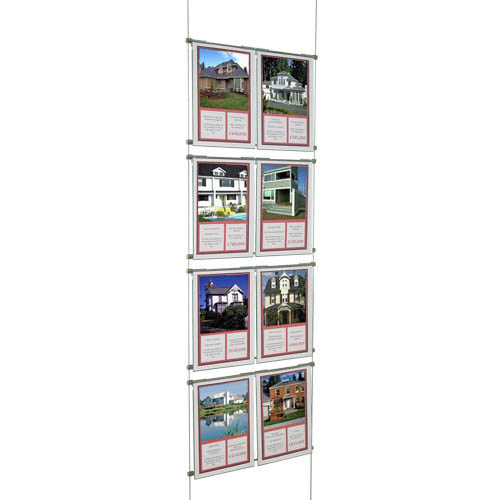 PS2: Acrylic poster holders hooked over s/s bars on suspended wires or bars