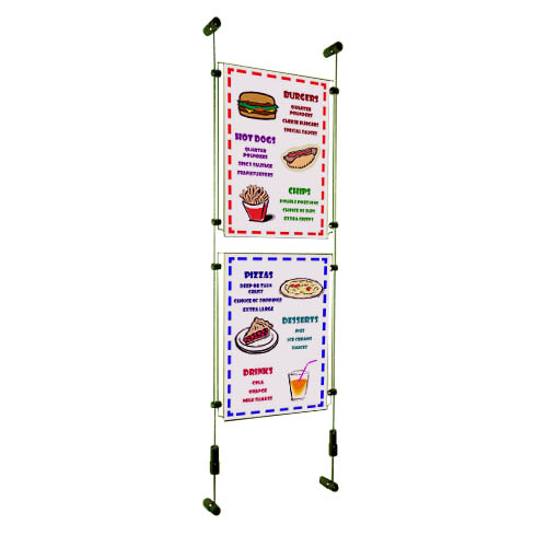 PW6: Single column of acrylic poster holders clamped to wall-suspended wires or bars 
