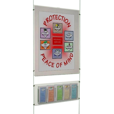 Suspended leaflet dispensers with poster holder Suspended leaflet dispensers with poster holder