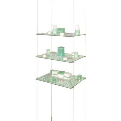 Suspended glass shelves